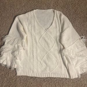 White Sweater with Fringe Sleeves